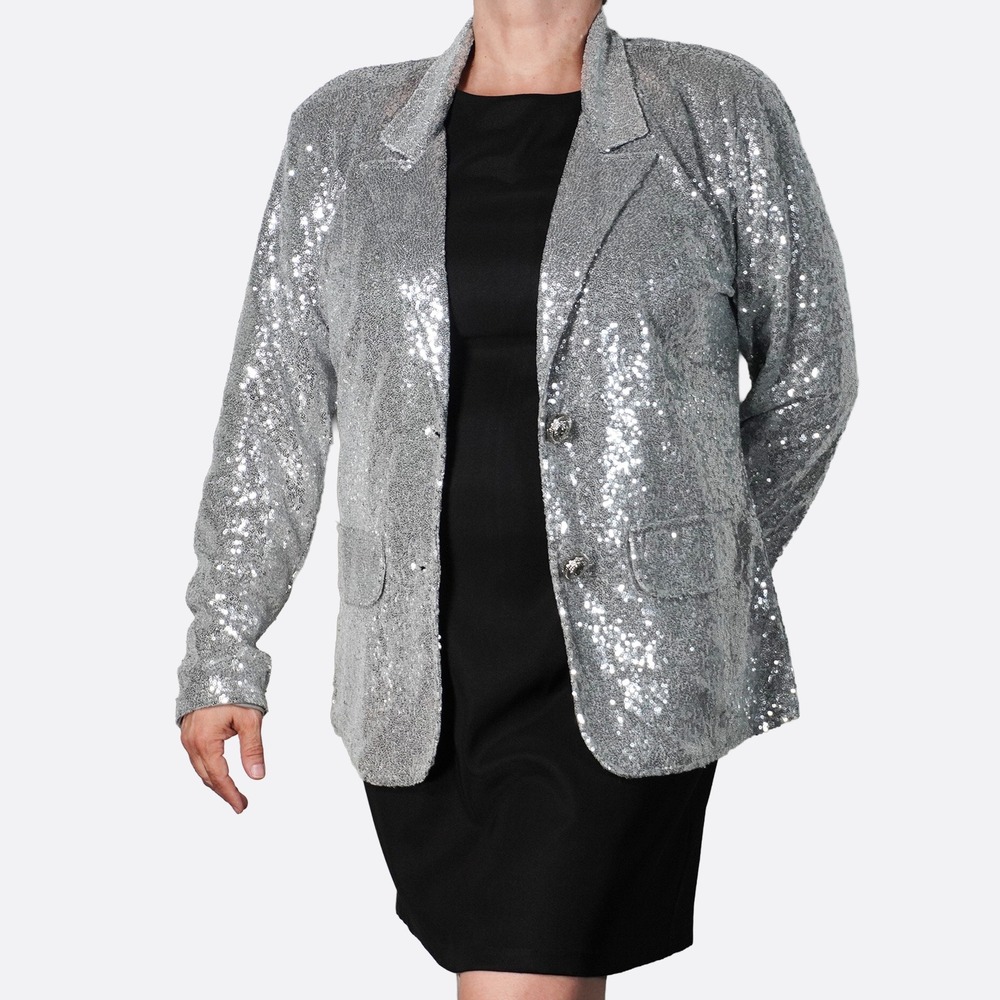 Sparkle & Shine Silver Sequin Lion Button Party Blazer Jacket XL fits 1X